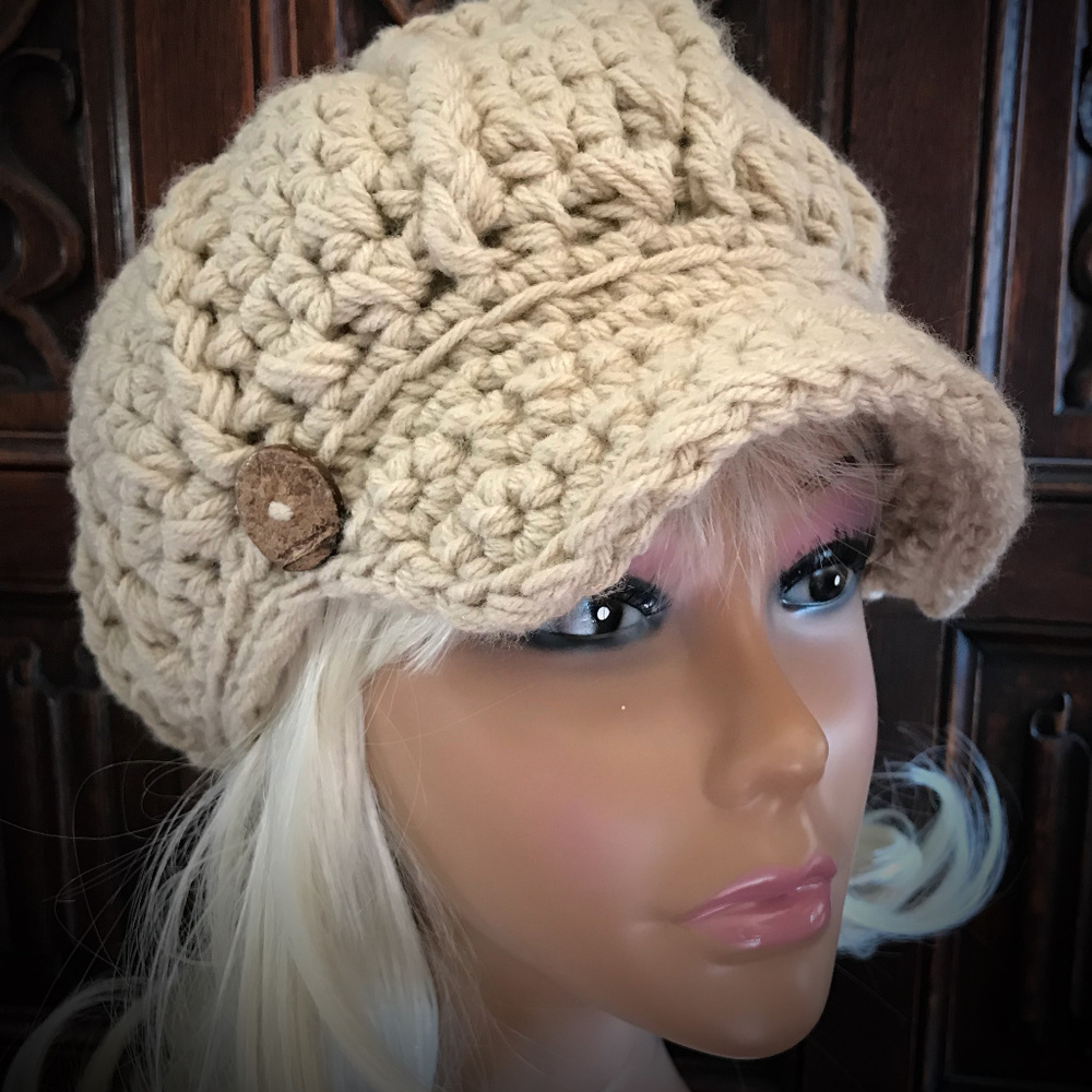Hand Crochet Newsboy Hat in Tan